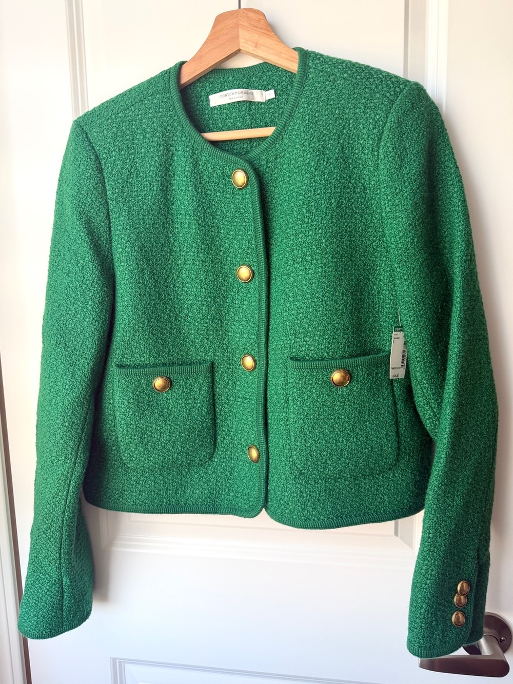 Green Bouclé Jacket Gold Buttons Size 6 NWT